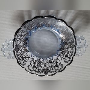 Vintage Clear Glass Silver Inlay Plate With Handles